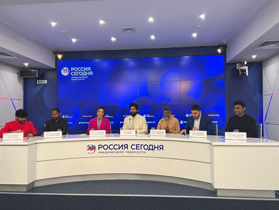 Team Pushpa addressing the Russian media at a press conference